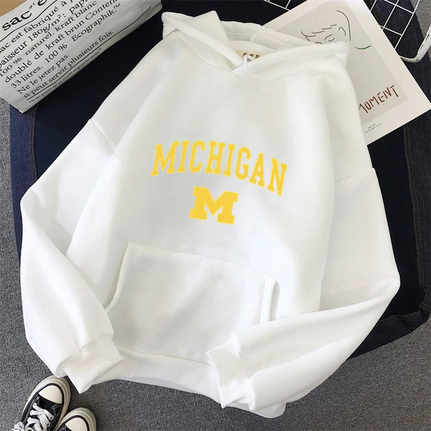 Michigan University Hoodie Hip Hop Fleece Streetwear Unisex Pullover