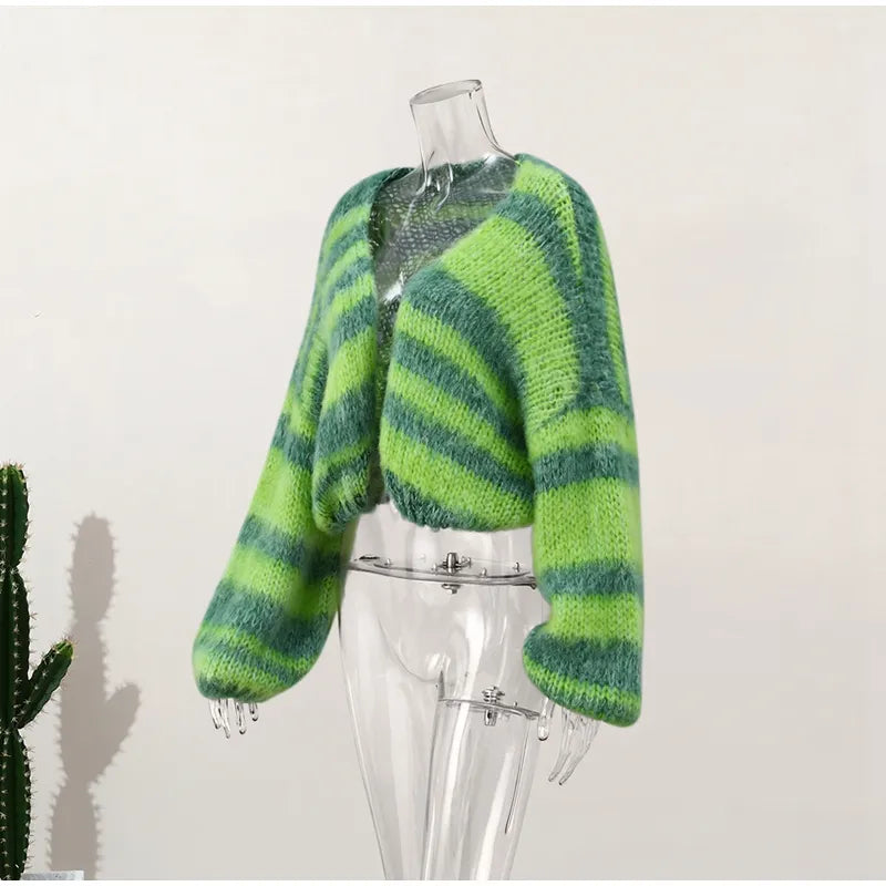 All Green Striped Cool Winter Cardigan Sweaters For Women