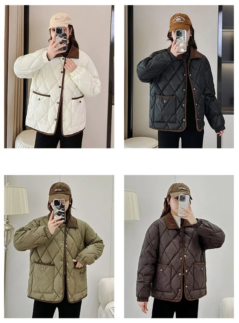 Quilted PU Leather Short Coat – Warm Rhombic Lattice Winter Jacket for Women