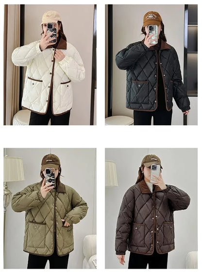 Quilted PU Leather Short Coat – Warm Rhombic Lattice Winter Jacket for Women