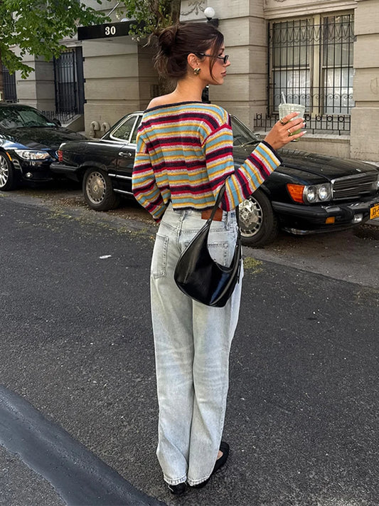 Winter Tassels Rainbow Striped Sweater Coat For Girls Loose Oversized Y2k Knitted Pullover Jumper Korean Fashion Top For Women