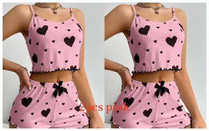Womens Strawberry Print Pajama Set Long Sleeve Top Shorts