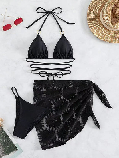 Chic Black Wrap Detail Bikini and Lace Sarong Set Aesthetic