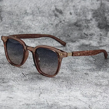 Nature Meets Tech: Matte Grey Sunglasses with Textured Wooden Temples