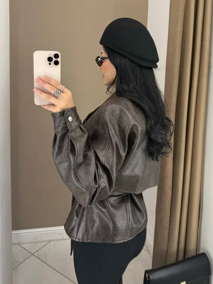 Lapel Collar Crop Leather Jackets