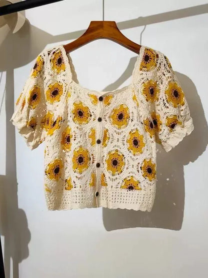 Embroidered Crop Blouse With Hollow Out Daisy Floral Design Women S Summer Vacation Top
