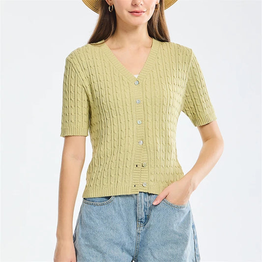 Thin Cardigan for Women, Summer Cropped Button V-Neck Short Sleeve Knitted Top, Slim Sweater Tops, Women's Knitwear