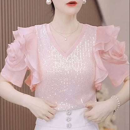 Butterfly Embroidery Puff Sleeve Top Sexy V Neck Cropped Blouse For Summer