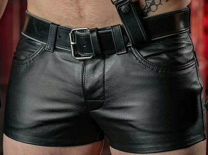 New Summer Fashion Black Men Leather Shorts