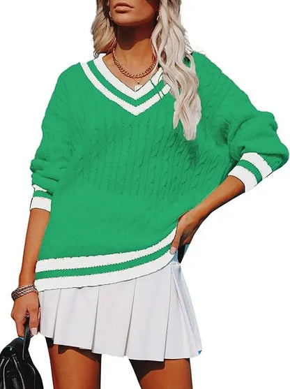 Autumn Winter V Neck Pullover Striped Sweater For Women Loose Comfortable Color Blocking Casual Trendy Knitted Tops