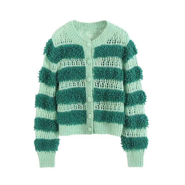 All Green Striped Cool Winter Cardigan Sweaters For Women