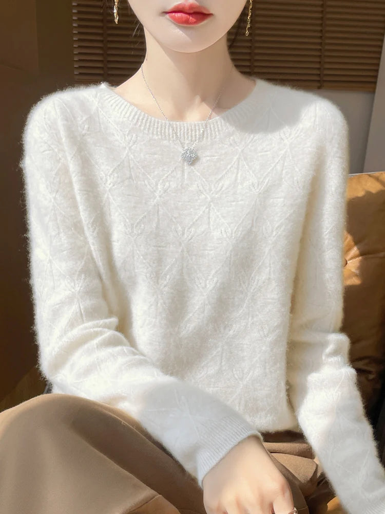 Women S Autumn Winter Sweater Temperament Commuter Round Neck Hollow Out Knit Top Pullover For Women