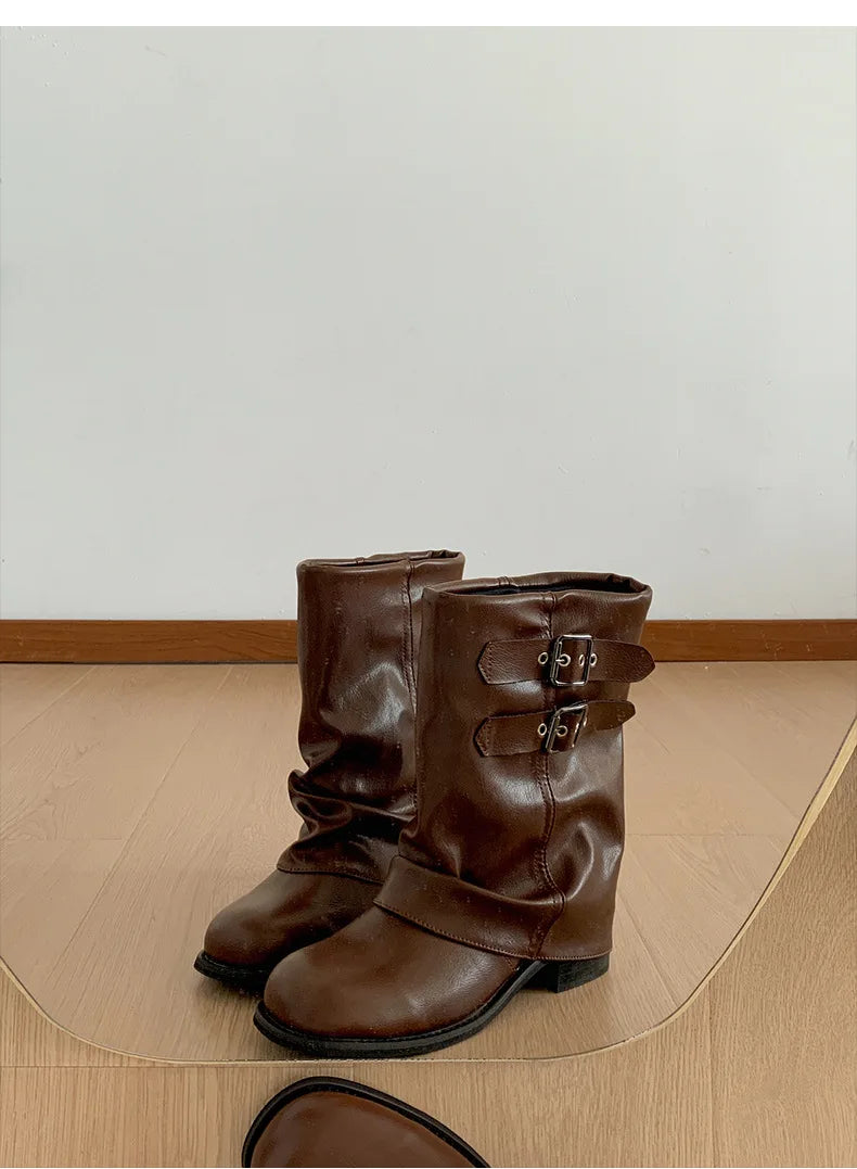 Vintage Western Cowgirl Boots 2025 - Buckle Strap Mid-Calf Boots for Women