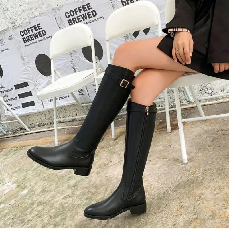 Winter Knee High Brown Boots Square Heel Zip Belt Buckle Gothic Style For Women