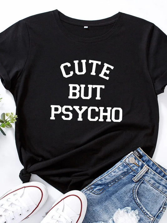 Cute But Psycho Graphic T Shirt 2025 Summer Funny Loose Crew Neck Tee Womens Casual Harajuku Print Shirt