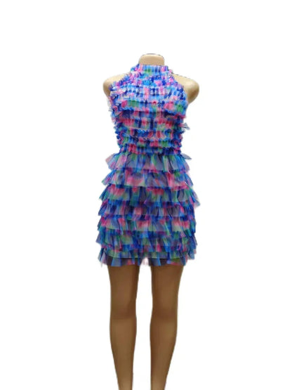 Sexy Mesh Mid Calf Dress For Women Girl Print Halter Cut Out Beach Cover Up