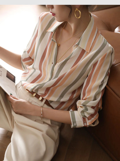 Stripe Satin Shirt for Women – Vintage 2025 Autumn Korean Fashion Blouse, Elegant Basic Tops for Women