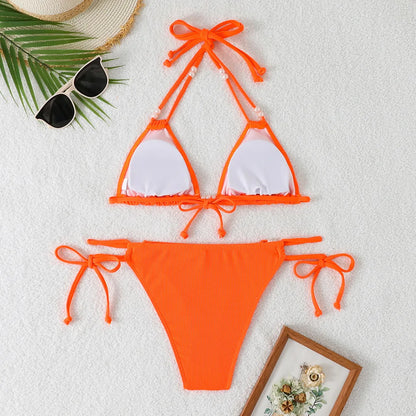 Bright Orange Ribbed Bikini with Pearl Bead Details Aesthetic