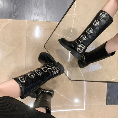 Women’s Knee-High Platform Motorcycle Boots – Low Square Heel Punk Gothic Rock Leather Shoes