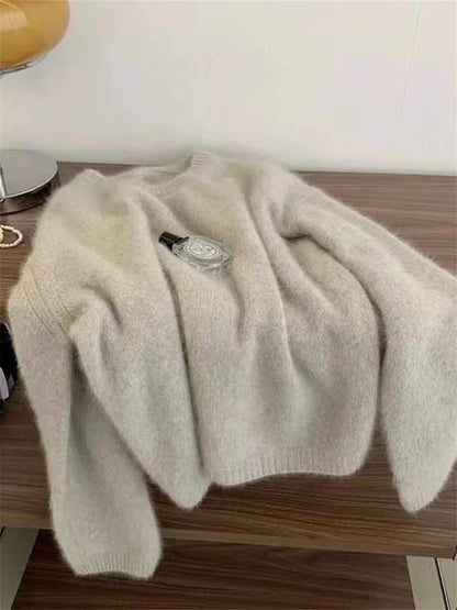 Autumn Winter Hot Sale New Acrylic Loose Drop Shoulder Round Neck Color Matching Long Sleeve Knitted Sweater For Women
