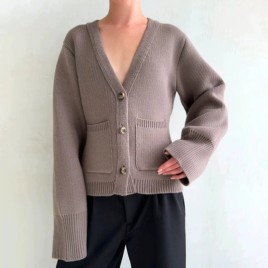 Womens Autumn Winter Loose Fit V Neck Knitted Top Versatile Thickened Sweater Cardigan With Pockets Idle Style Small Jacket