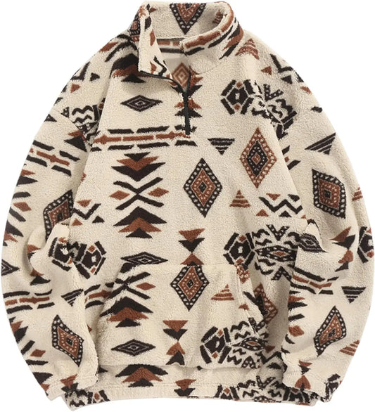 Mens Sherpa Zipper Hoodie Fuzzy Ethnic Print Streetwear Style For Fall Winter