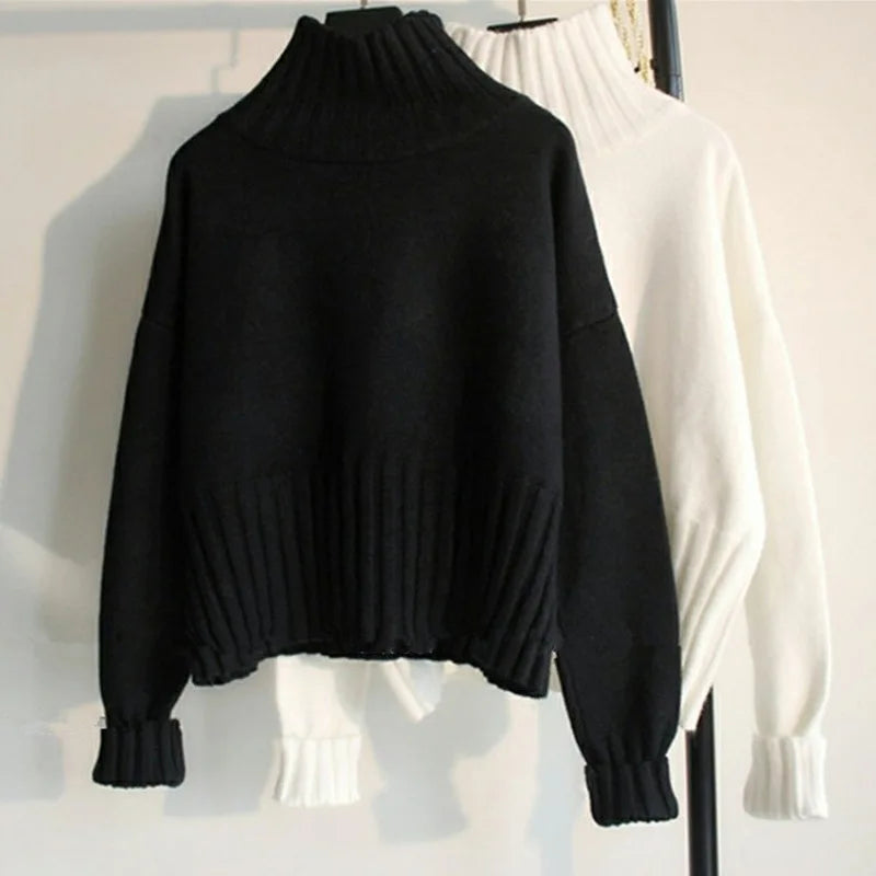 2025 Women S Turtleneck Knitted Sweater Solid Color Full Sleeve Thick Splice Jumper Casual Autumn Winter Pullover
