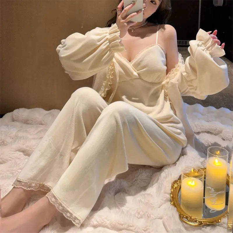 2025 Women S Silk Pajama Set Sexy Long Sleeve Cardigan Sleepwear Ice Silk Two Piece Loungewear For Home