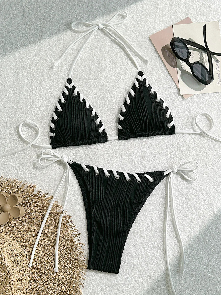 Wrinkled Weave Edge Two Piece Halter Bikini