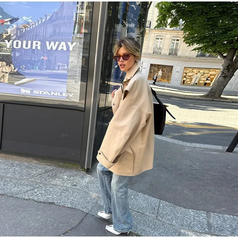 Cotton Khaki Long Turn Down Collar Belted Women Trench Coat