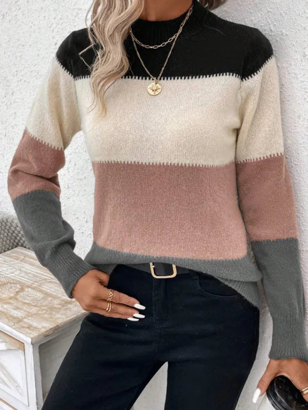 Cozy Chic: Neutral Colorblock Mock Neck Sweater