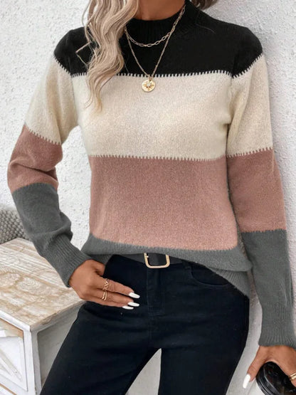 Cozy Chic: Neutral Colorblock Mock Neck Sweater