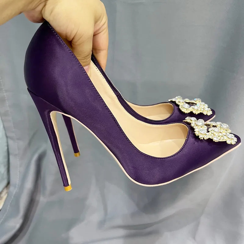 Square Glitter Decor Purple Satin Pointy Toe High Heel Women Shoes
