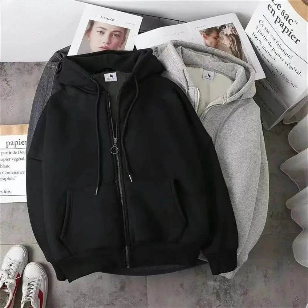 Straight Style Zipper Long Sleeve Women Hoodies