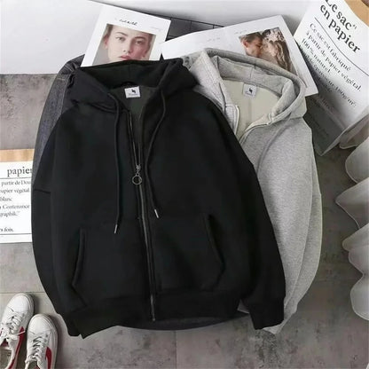 Straight Style Zipper Long Sleeve Women Hoodies