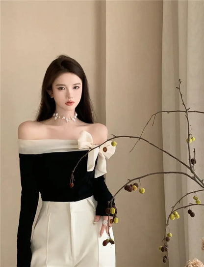 Off-Shoulder Bow T-Shirt for Women – Sexy Exposed Clavicle Crop Top, Elegant Korean Long Sleeve Spring & Autumn Shirt