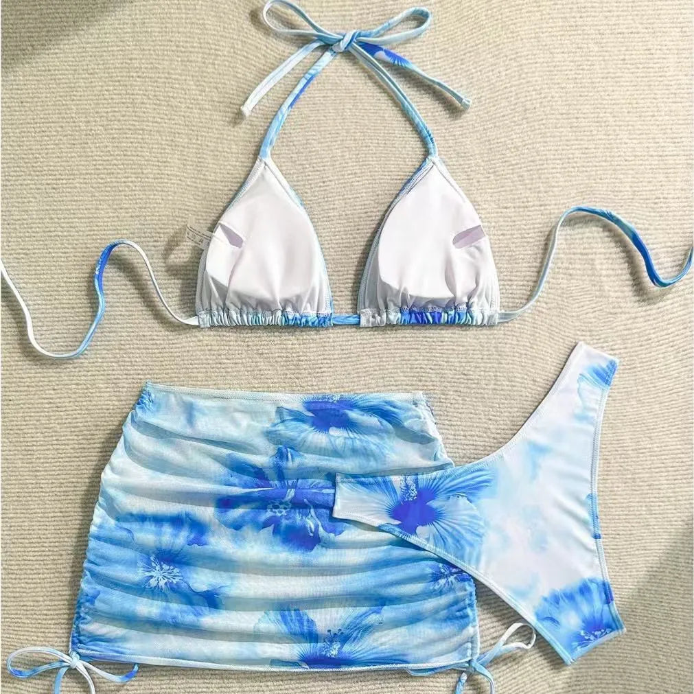 Hibiscus Print Orange and White Bikini with Mesh Skirt Aesthetic