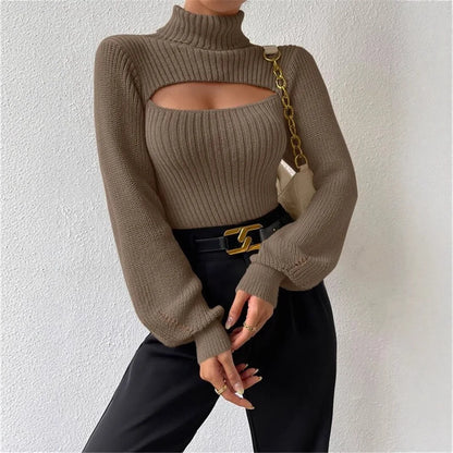 Hollow Out Turtleneck Sweater – Women’s Loose Boho Knit
