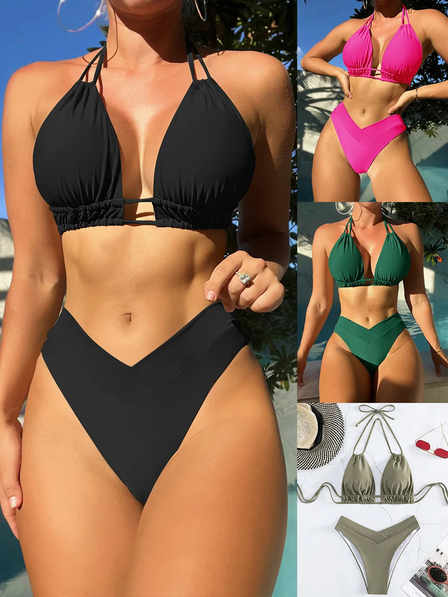 M 5xl Plus Size Black Halter Bikini For Women