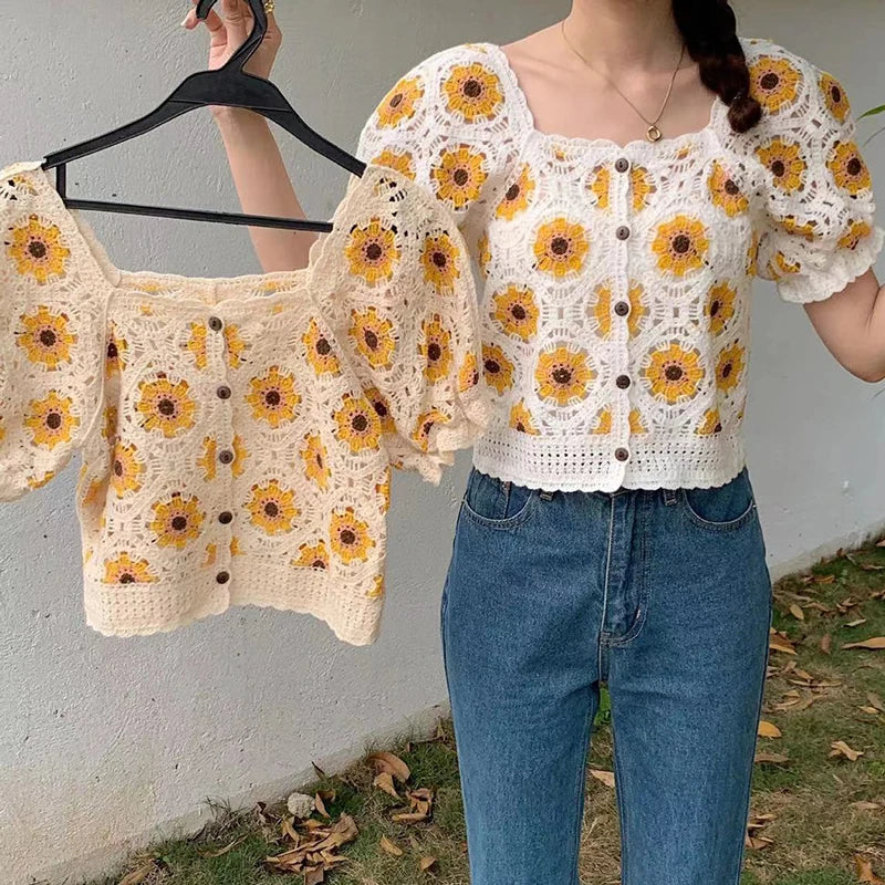 Embroidered Crop Blouse With Hollow Out Daisy Floral Design Women S Summer Vacation Top