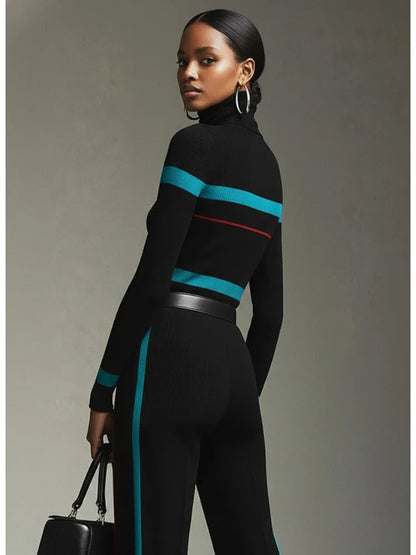 Women Turtleneck Stretch Striped Sweaters