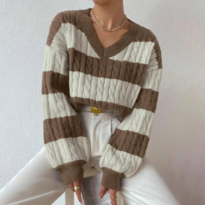 2025 Womens Stripe Knitted Sweater Long Sleeve V Neck Cropped Top Loose Fit Spring Versatile Warm Knit