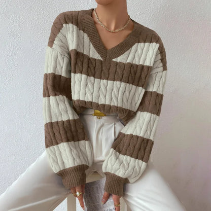 2025 Womens Stripe Knitted Sweater Long Sleeve V Neck Cropped Top Loose Fit Spring Versatile Warm Knit