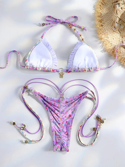 Purple Floral Ruffle Bikini with Butterfly Charm Aesthetic