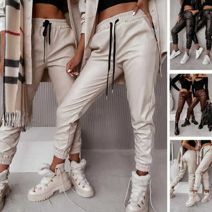 Womens Elastic Waist Straight Faux Leather Trousers Pants