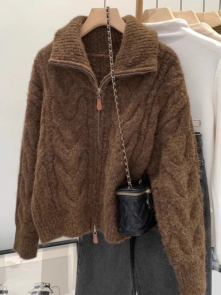 Retro Lazy Style Embroidered Zipper Sweater Chic Autumn Winter Fashion