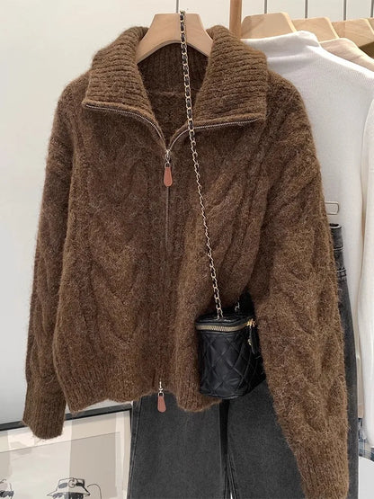 Retro Lazy Style Embroidered Zipper Sweater Chic Autumn Winter Fashion