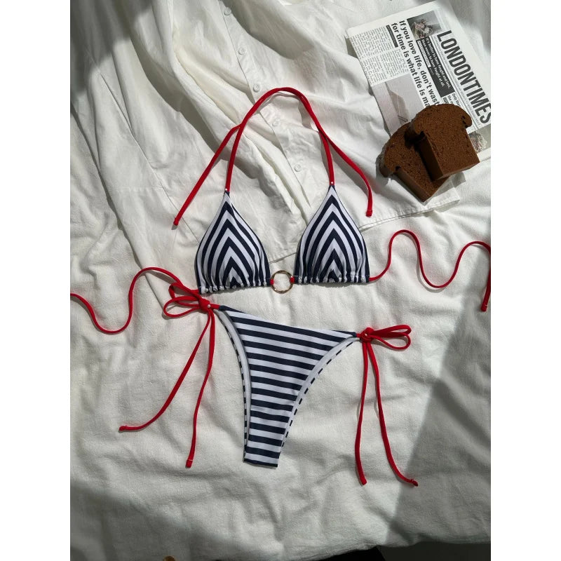 Navy Stripe Gold Ring Detail Bikini with Red Contrast Straps Aesthetic