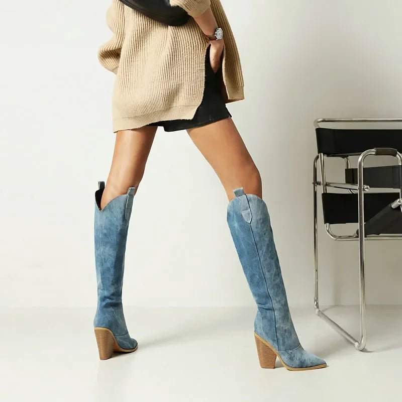 Western Cowgirl Style Denim Long Knee High Boots