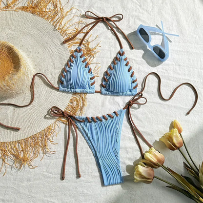 Wrinkled Weave Edge Two Piece Halter Bikini